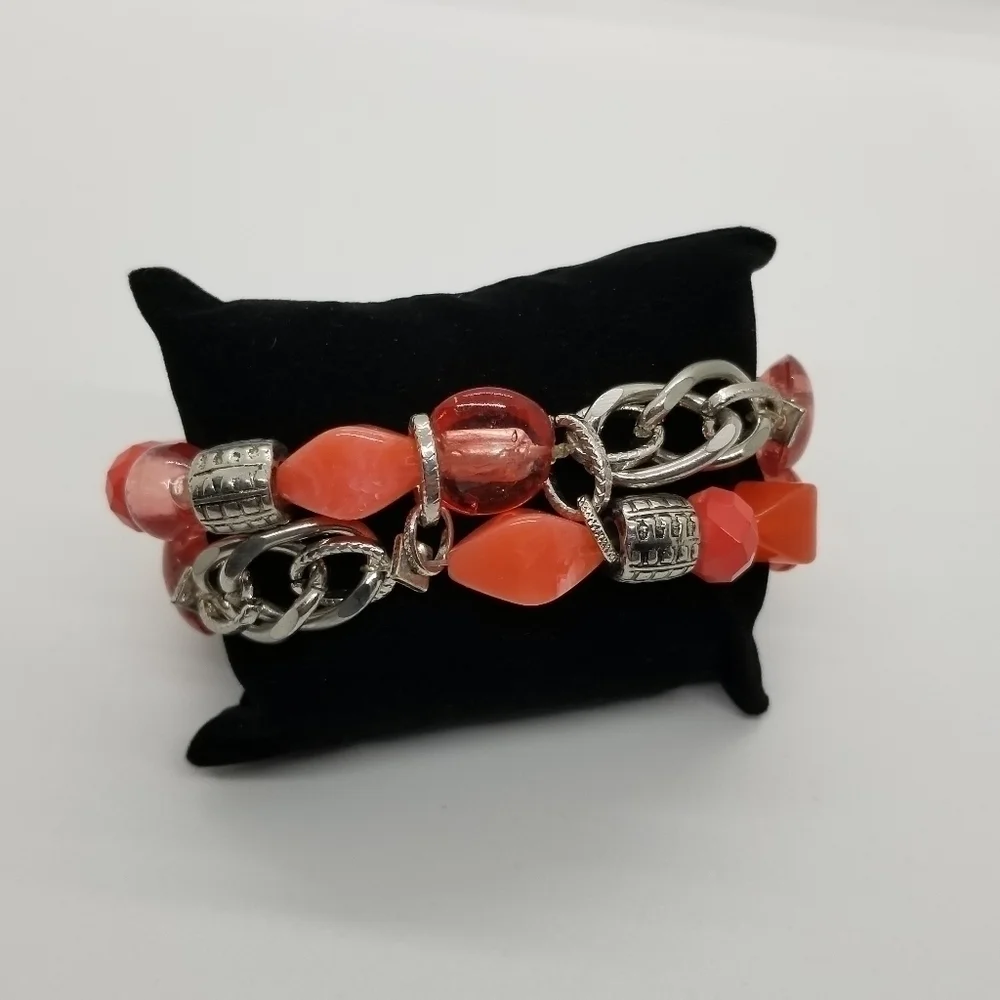 silver and pink beaded stretch 2-strand bracelet